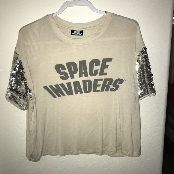 Sequin sleeved “Space Invaders” boxy T-shirt - Picture 2 of 2